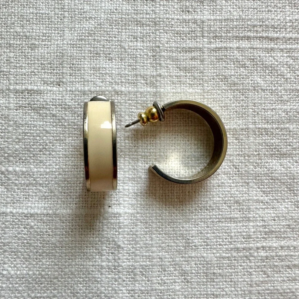 Vintage Cream Enamel Hoop Earrings Gold‎ Tone Small Hoop Earrings Women 90s